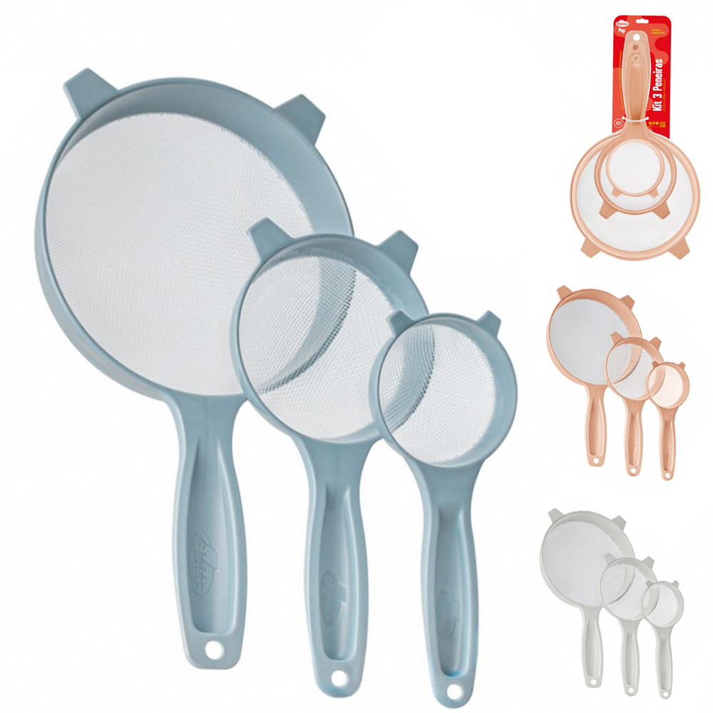 PENEIRA COADOR CABO PLASTICO COM 3 PECAS 15 / 9 / 6,5CM DE Ø