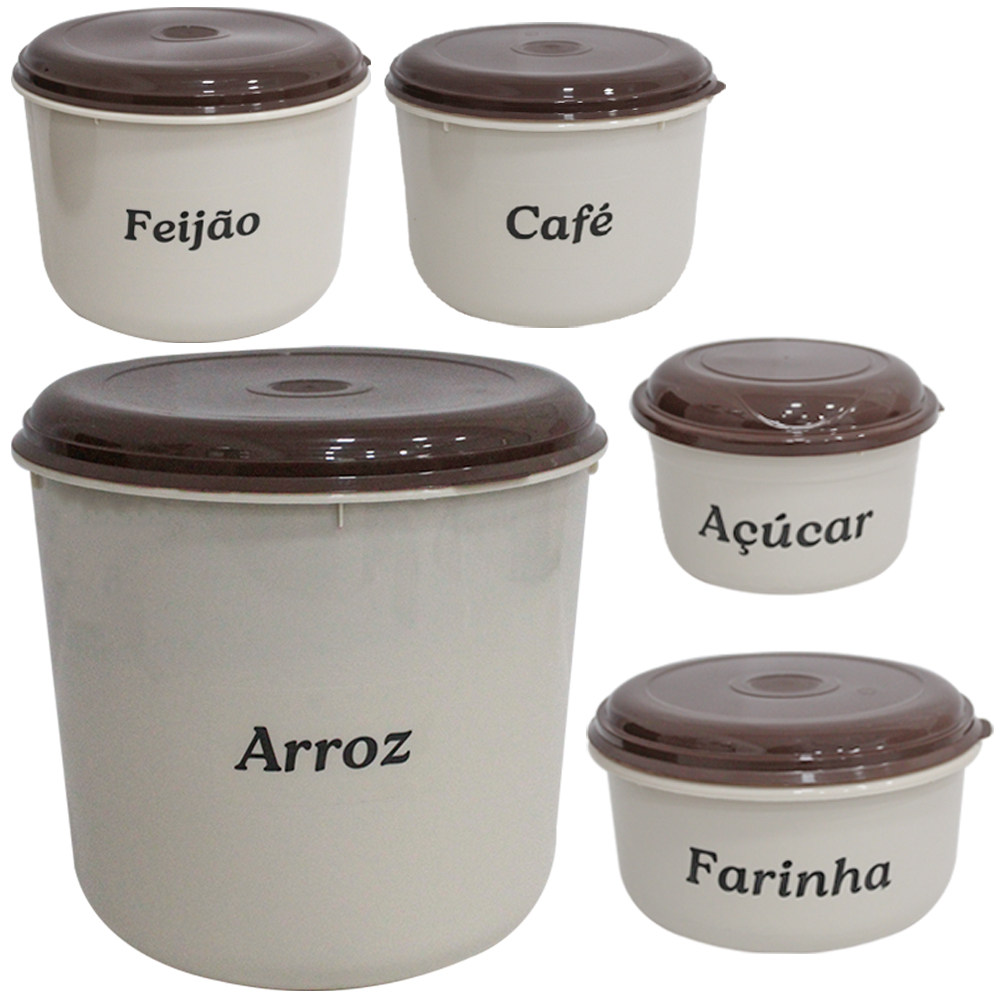 CONJUNTO DE POTE DE PLASTICO REDONDO PARA MANTIMENTOS COM TAMPA 5 PECAS 6000 / 3000 / 2000 / 1000 / 600ML