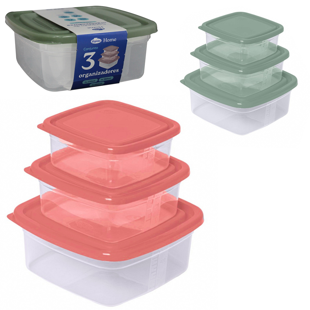 CONJUNTO DE ORGANIZADOR DE PLASTICO QUADRADO PMG HOME COM TAMPA 3 PECAS 690 / 380 / 230ML