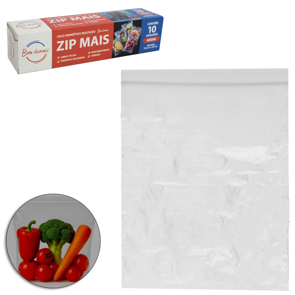 SACO DE PVC HERMETICO PARA MANTIMENTOS ZIP MAIS LOCK REUTILIZAVEL COM 10 PECAS MEDIO 18X23CM