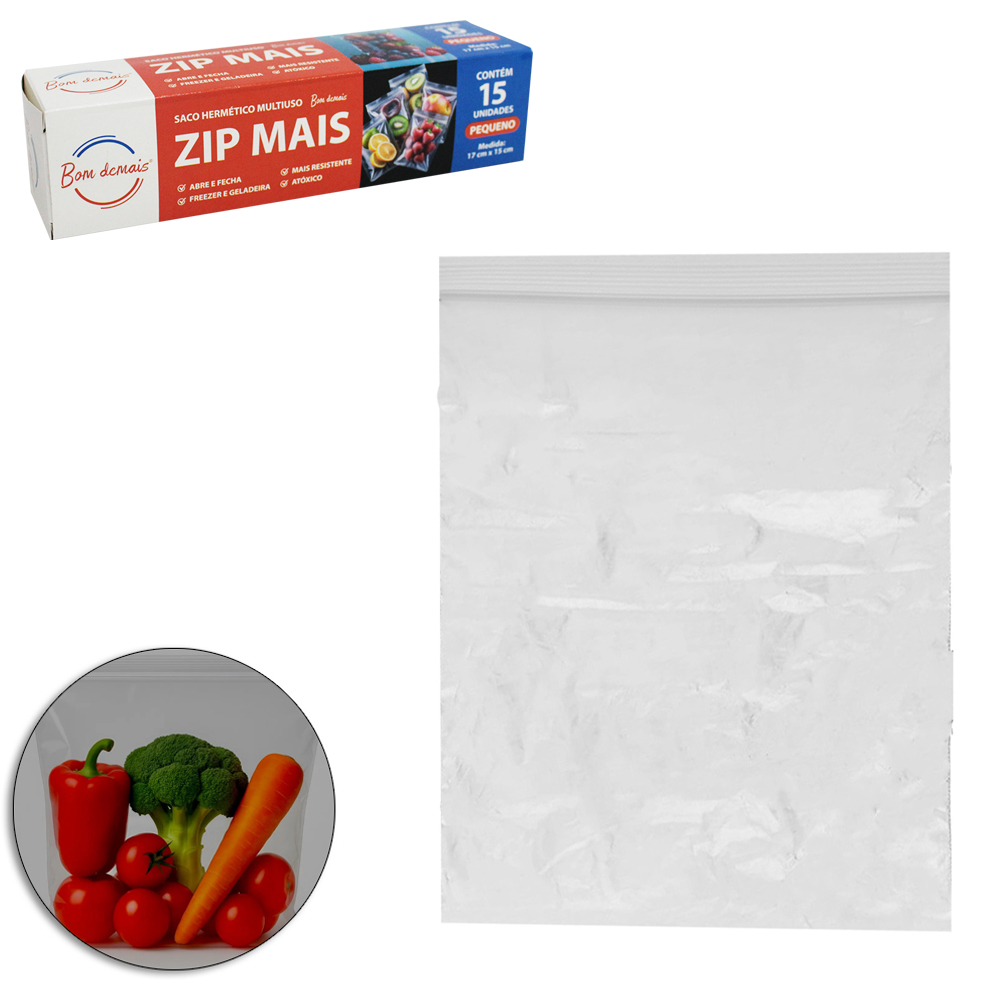 SACO DE PVC HERMETICO PARA MANTIMENTOS ZIP MAIS LOCK REUTILIZAVEL COM 15 PECAS PEQUENO 17X15CM