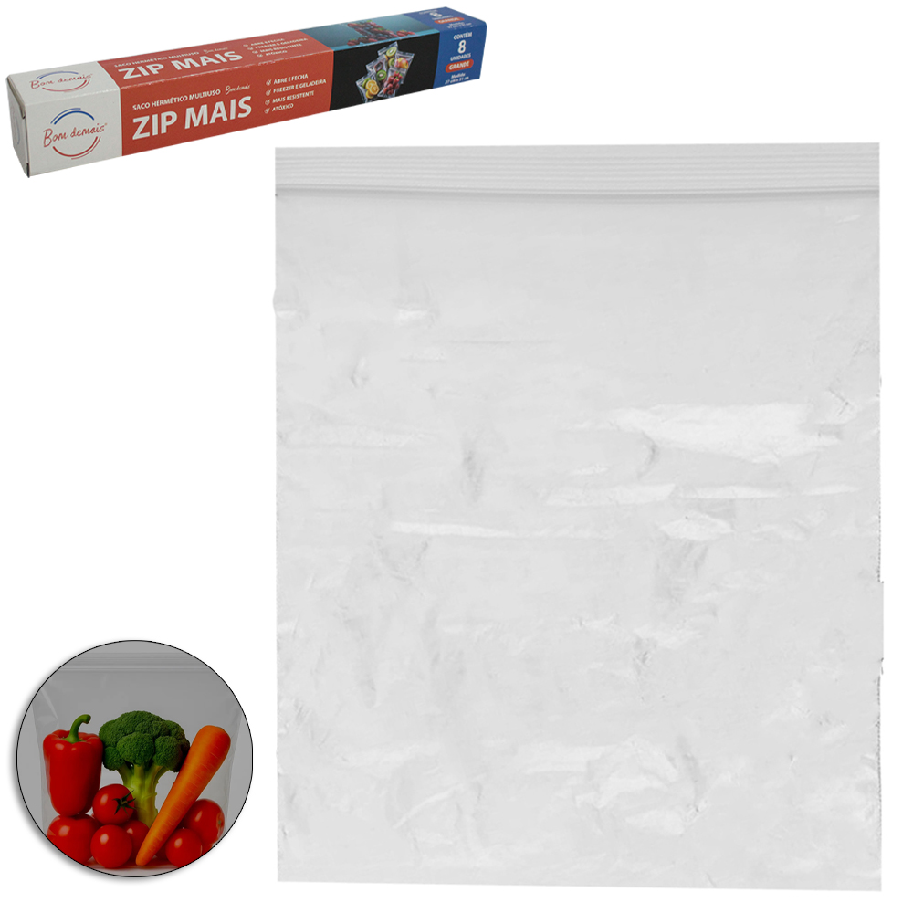 SACO DE PVC HERMETICO PARA MANTIMENTOS ZIP MAIS LOCK REUTILIZAVEL COM 8 PECAS GRANDE 27X31CM