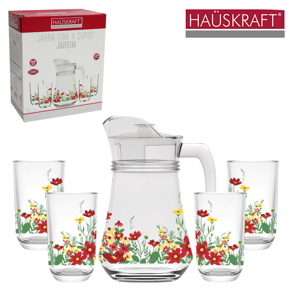 JARRA DE VIDRO JARDIM 1,35L COM TAMPA DE ACRILICO + 4 COPOS 265ML HAUSKRAFT