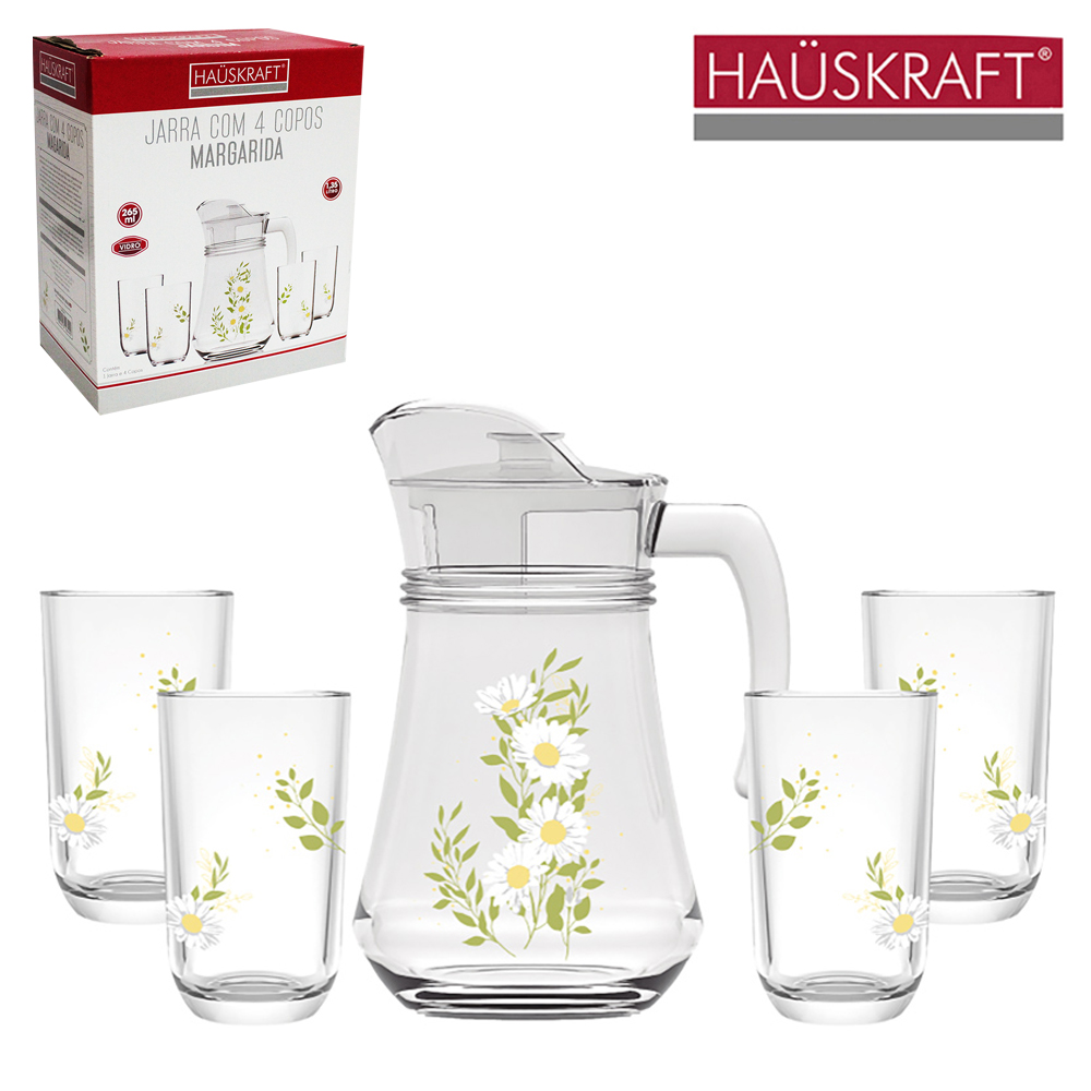 JARRA DE VIDRO MARGARIDA 1,35L COM TAMPA DE ACRILICO + 4 COPOS 265ML HAUSKRAFT