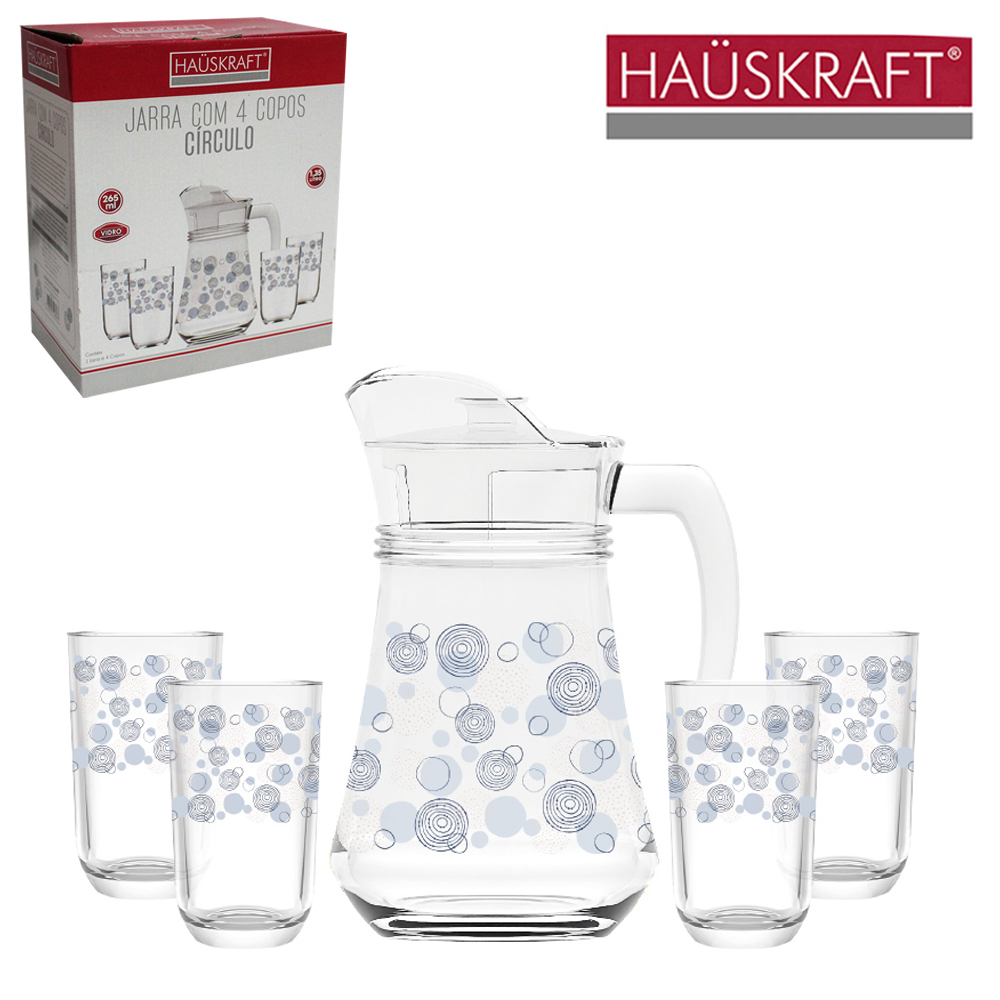 JARRA DE VIDRO CIRCULO 1,35L COM TAMPA DE ACRILICO + 4 COPOS 265ML HAUSKRAFT