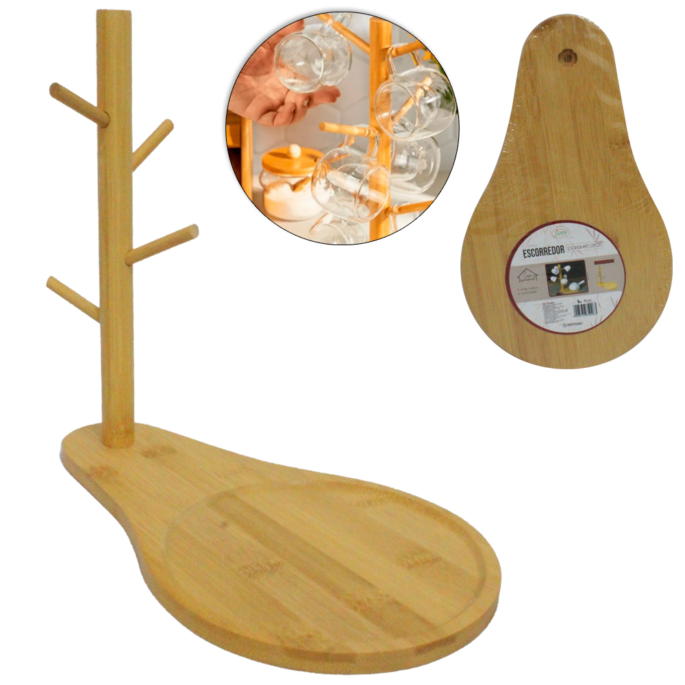 SUPORTE ORGANIZADOR DE BAMBU PARA XICARA E CHALEIRA 29X26CM