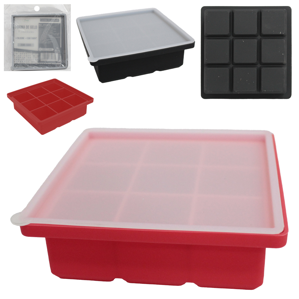 FORMA DE GELO DE SILICONE 9 CAVIDADES 35ML COM TAMPA 12X12X4CM