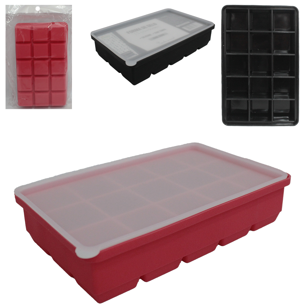 FORMA DE GELO COM 15 CAVIDADES QUADRADA DE SILICONE COM TAMPA 30ML 18X11,5X4CM