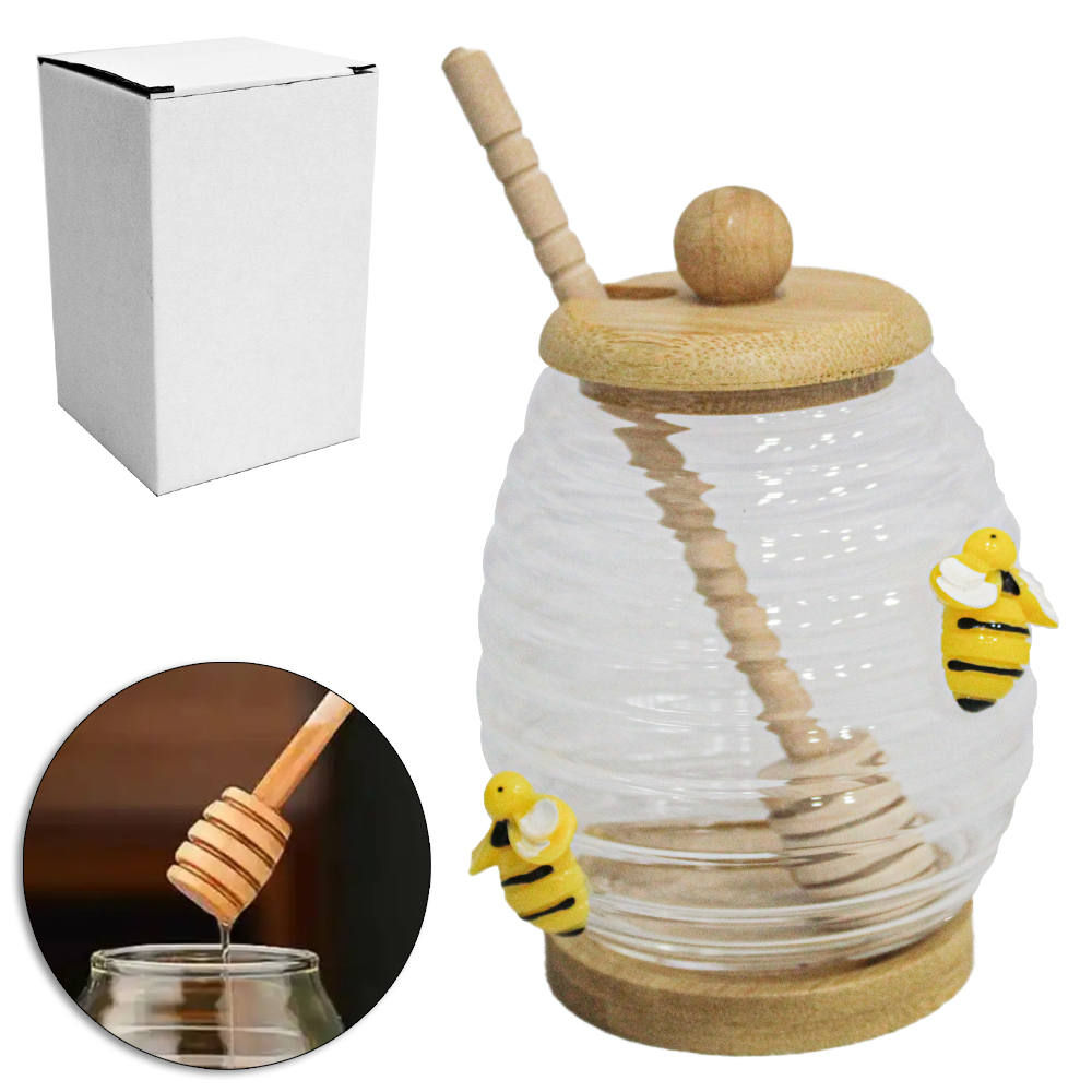 PORTA MEL / MELEIRA DE VIDRO ABELINHA COM PEGADOR / TAMPA DE BAMBU 380ML 13X8,5CM DE Ø