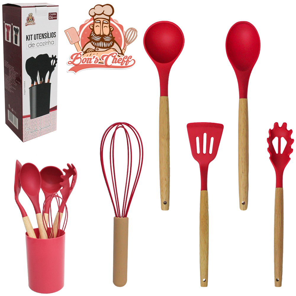  KIT UTENSILIOS ESPATULA / COLHER / PEGADOR / CONCHA / BATEDOR CLARA FOUET SILICONE + ESCORREDOR VERMELHO BONS CHEFF