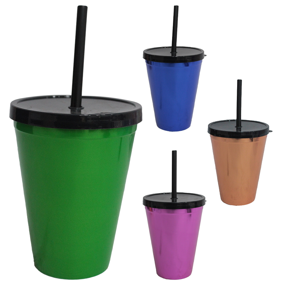 COPO COM TAMPA E CANUDO DE PLASTICO METALIZADO 450ML