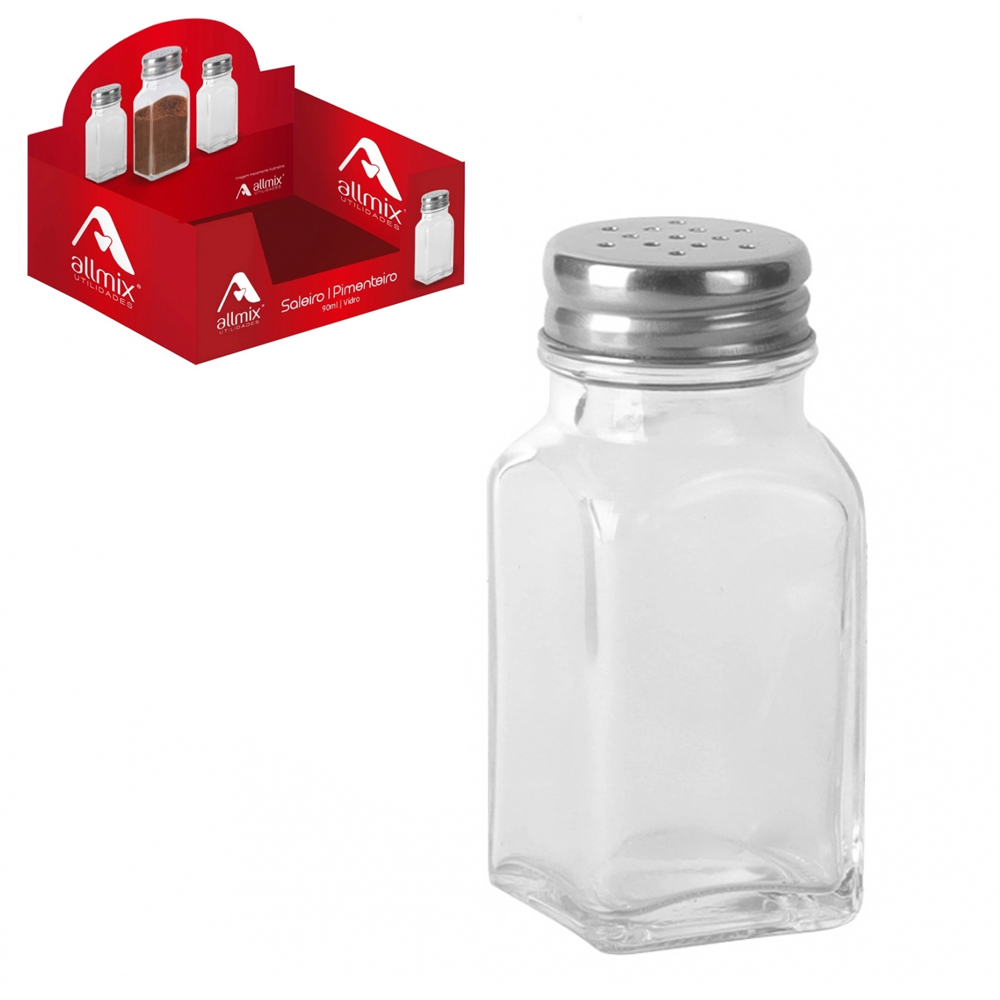 SALEIRO / PIMENTEIRO DE MESA DE VIDRO QUADRADO COM TAMPA DE INOX 90ML DP PLAY