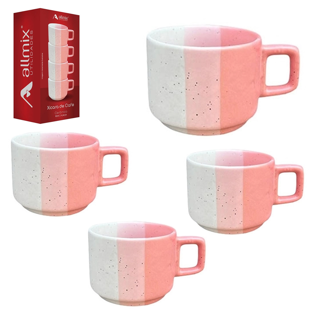 JOGO DE CANECA DE PORCELANA EMPILHAVEL PARA CAFE TERNURA ROSA COM 4 PECAS 90ML