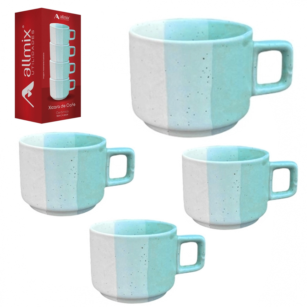 JOGO DE CANECA DE PORCELANA EMPILHAVEL PARA CAFE TERNURA VERDE COM 4 PECAS 90ML