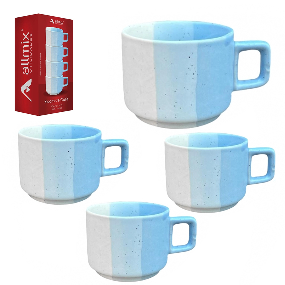 JOGO DE CANECA DE PORCELANA EMPILHAVEL PARA CAFE TERNURA AZUL COM 4 PECAS 90ML