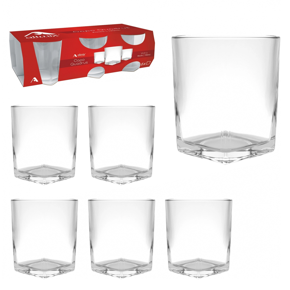 JOGO DE COPO DE VIDRO ROCKS QUADRUS COM 6 PECAS 190ML