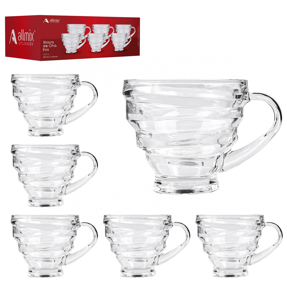 JOGO DE CANECA XICARA DE VIDRO PARA CHA EVA COM 6 PECAS 200ML