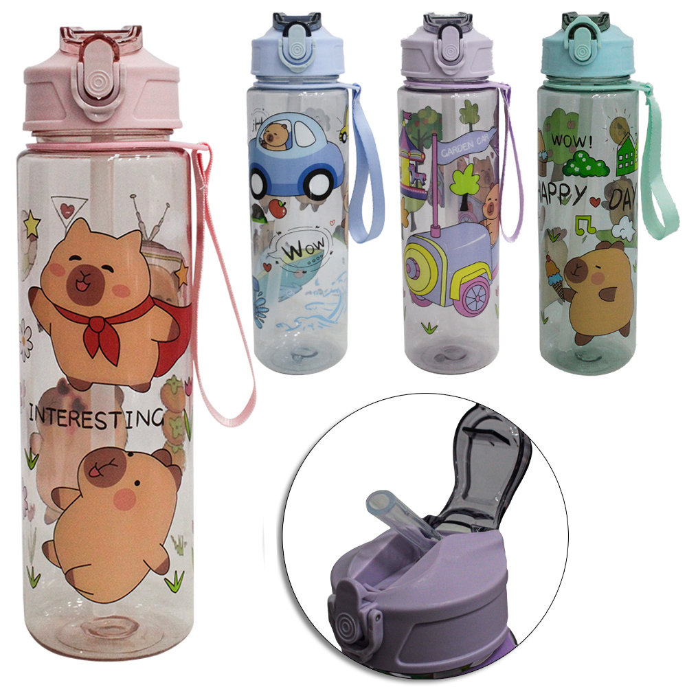 GARRAFA SQUEEZE DE PLASTICO PET CAPIVARA COM CANUDO + ALCA TRANSCOLOR 800ML