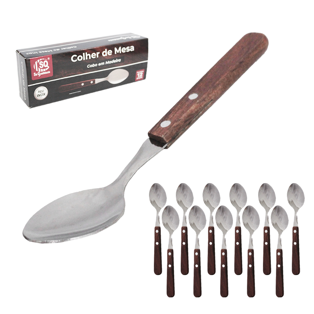 COLHER DE MESA DE INOX CABO MADEIRA COM 12 PECAS 20CM