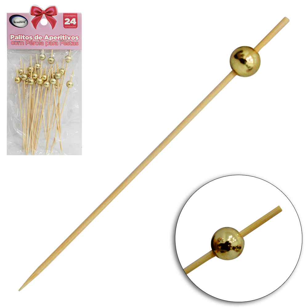 GARFO / GARFINHO PALITO DE BAMBU COM PEROLA PARA FRUTAS E PETISCOS 24 PECAS 12CM