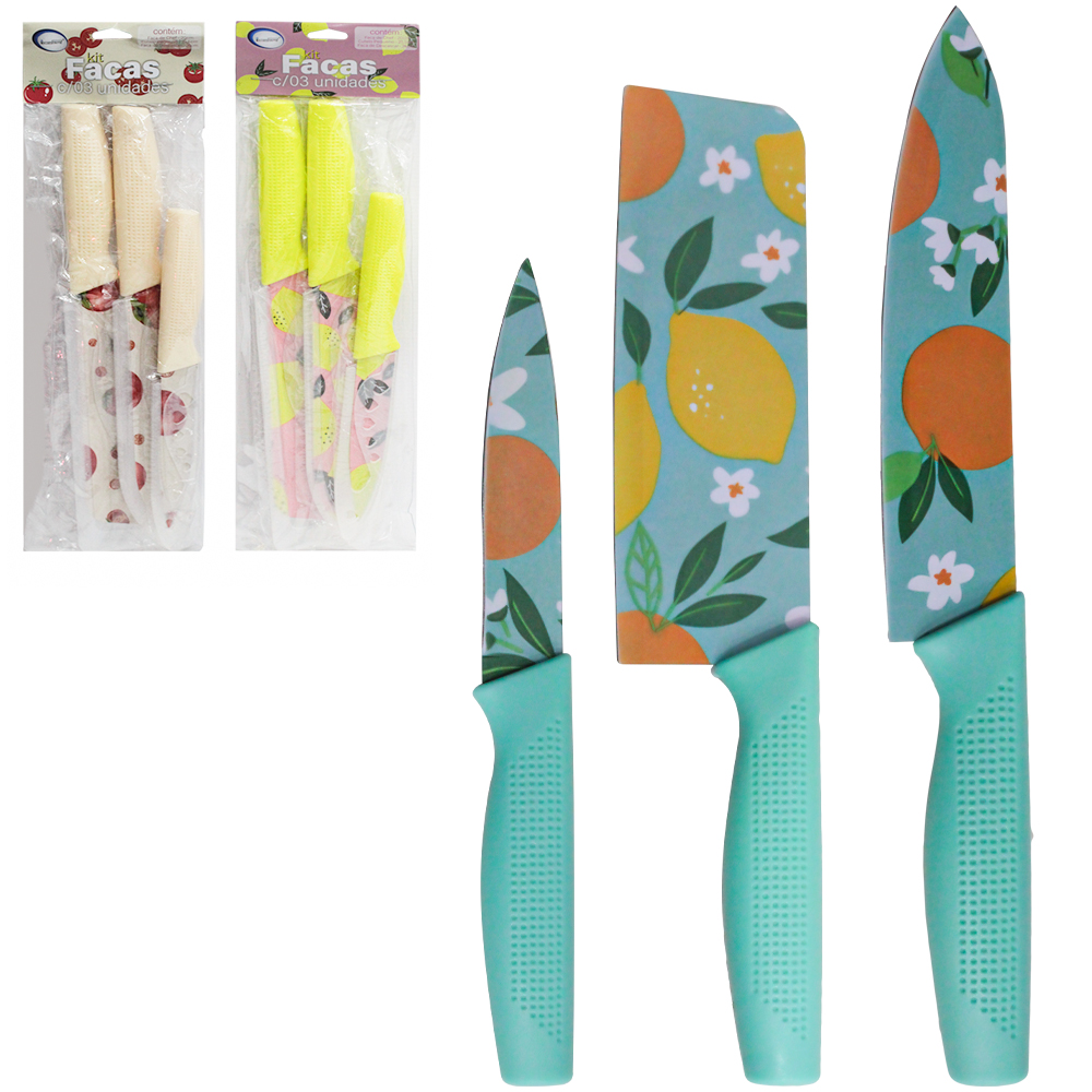 CONJUNTO DE FACA DE COZINHA DE INOX DECORADA COM PROTETOR CABO PLASTICO 3 PECAS