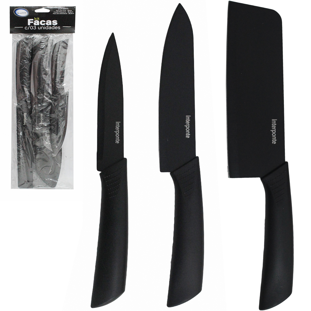 CONJUNTO DE FACA DE COZINHA DE INOX COM PROTETOR CABO PLASTICO 3 PECAS