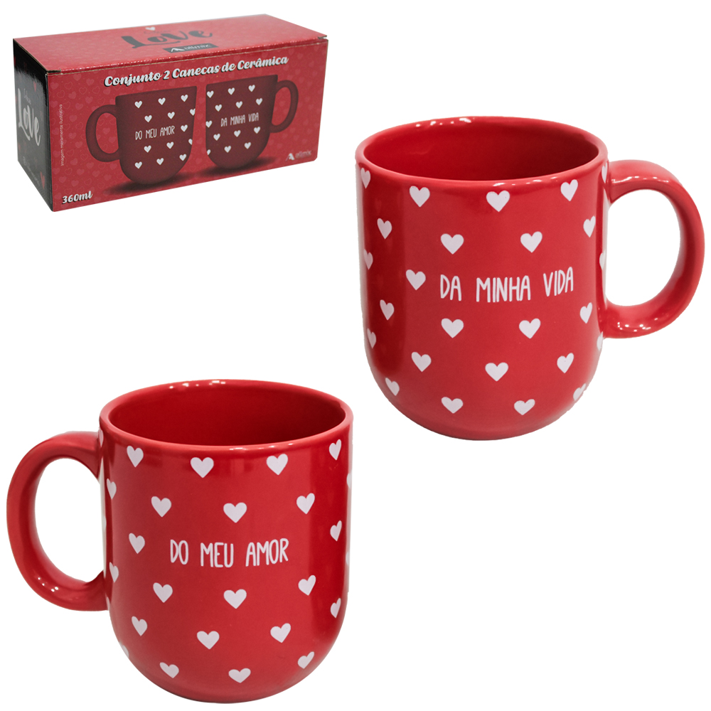 JOGO DE CANECA DE PORCELANA LOVE VERMELHA COM 2 PECAS 360ML