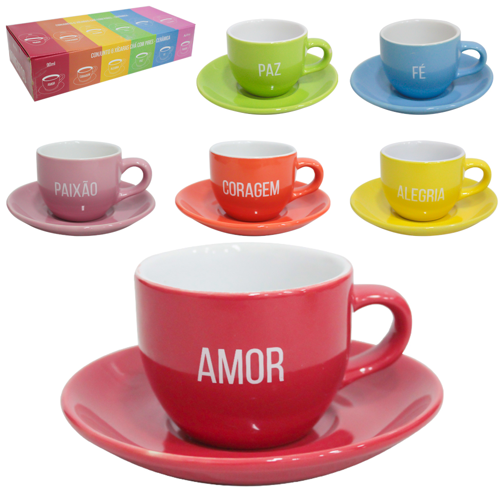 JOGO DE XICARA DE PORCELANA COM PIRES PARA CAFE AMOR / CORAGEM / ALEGRIA / PAZ / FE / PAIXAO COLORS 12 PECAS 90ML