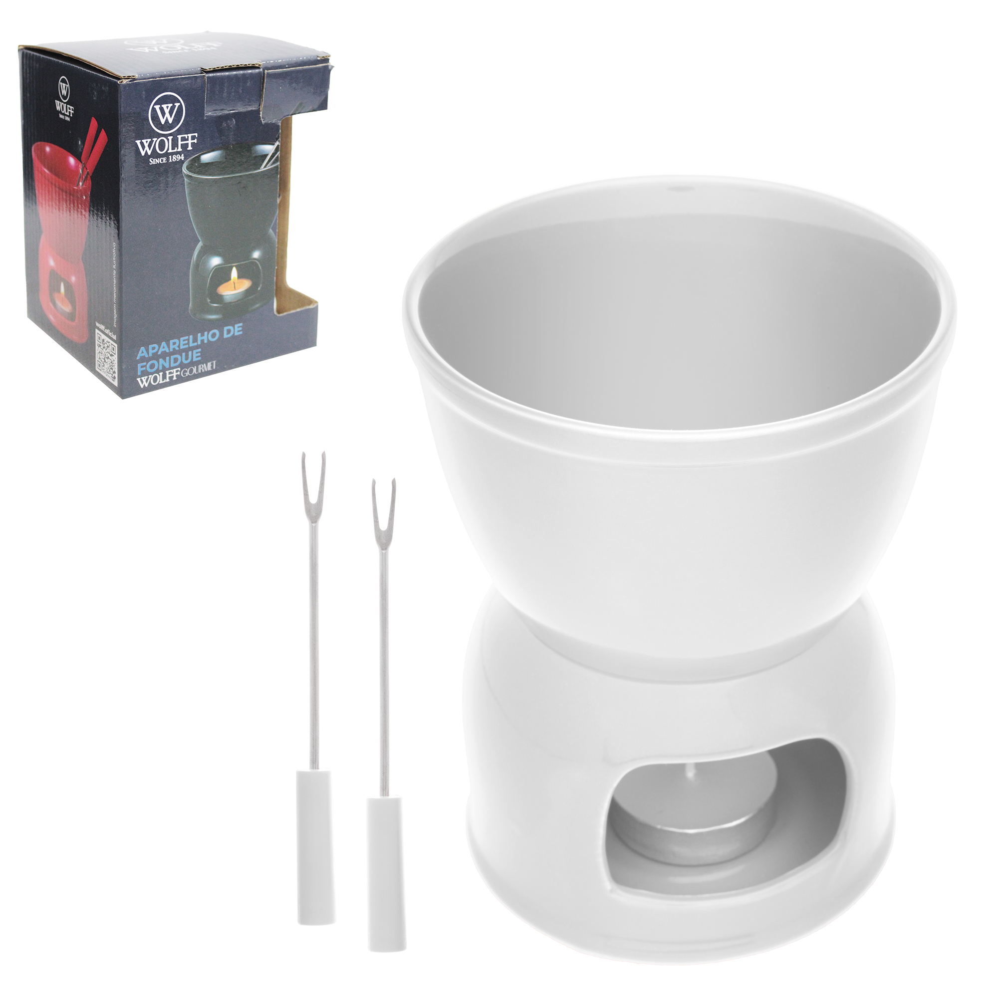 JOGO DE FONDUE DE PORCELANA REDONDO COM 2 GARFOS + PANELA + SUPORTE E VELA BRANCO WOLFF GOURMET 400ML