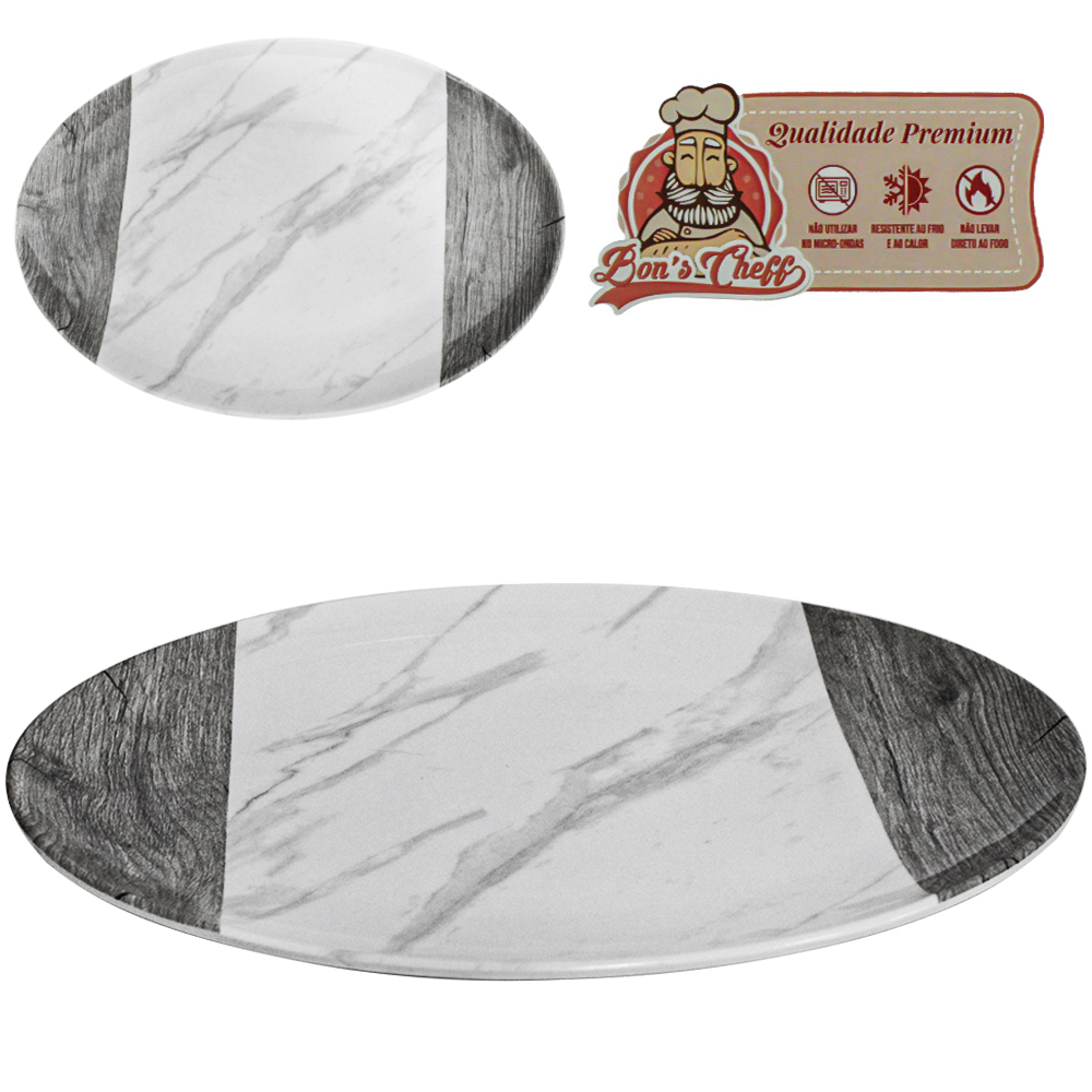 TRAVESSA DE MELAMINA OVAL GOURMET MARMORIZADA 35,5X25CM BONS CHEFF
