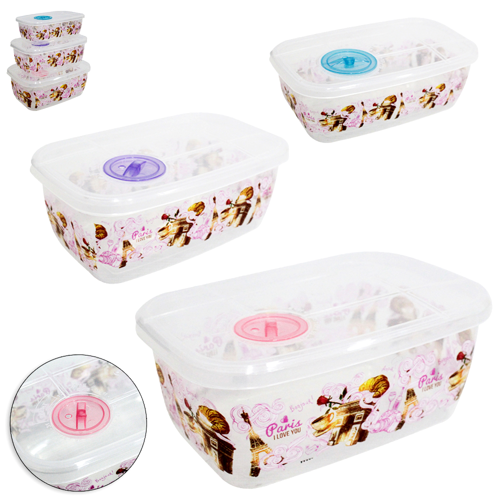 CONJUNTO DE POTE DE PLASTICO RETANGULAR COM TAMPA E VALVULA PARIS 3 PECAS 1000 / 580 / 310ML