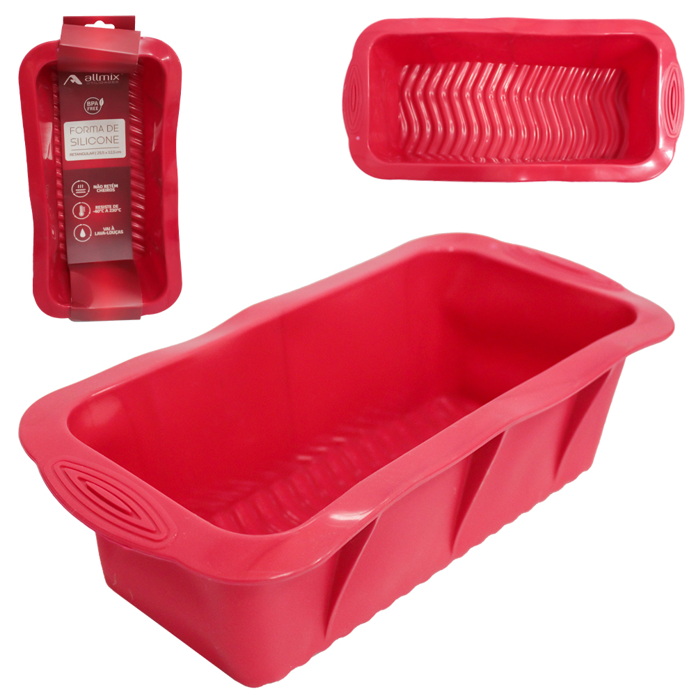 FORMA DE SILICONE RETANGULAR PARA BOLO / PAO VERMELHO 25,5X12,5X7CM