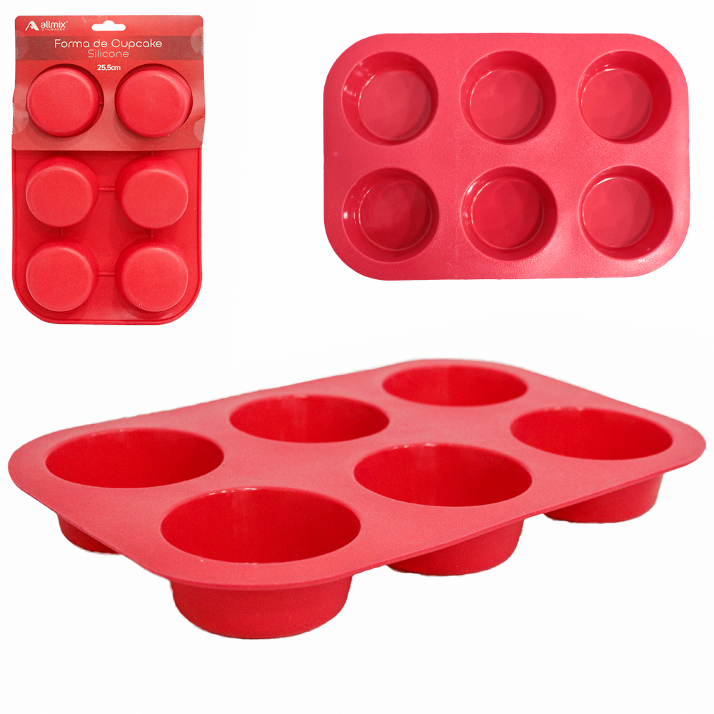 FORMA DE SILICONE RETANGULAR PARA CUPCAKE COM 6 CAVIDADES VERMELHO 25,5X17X3CM