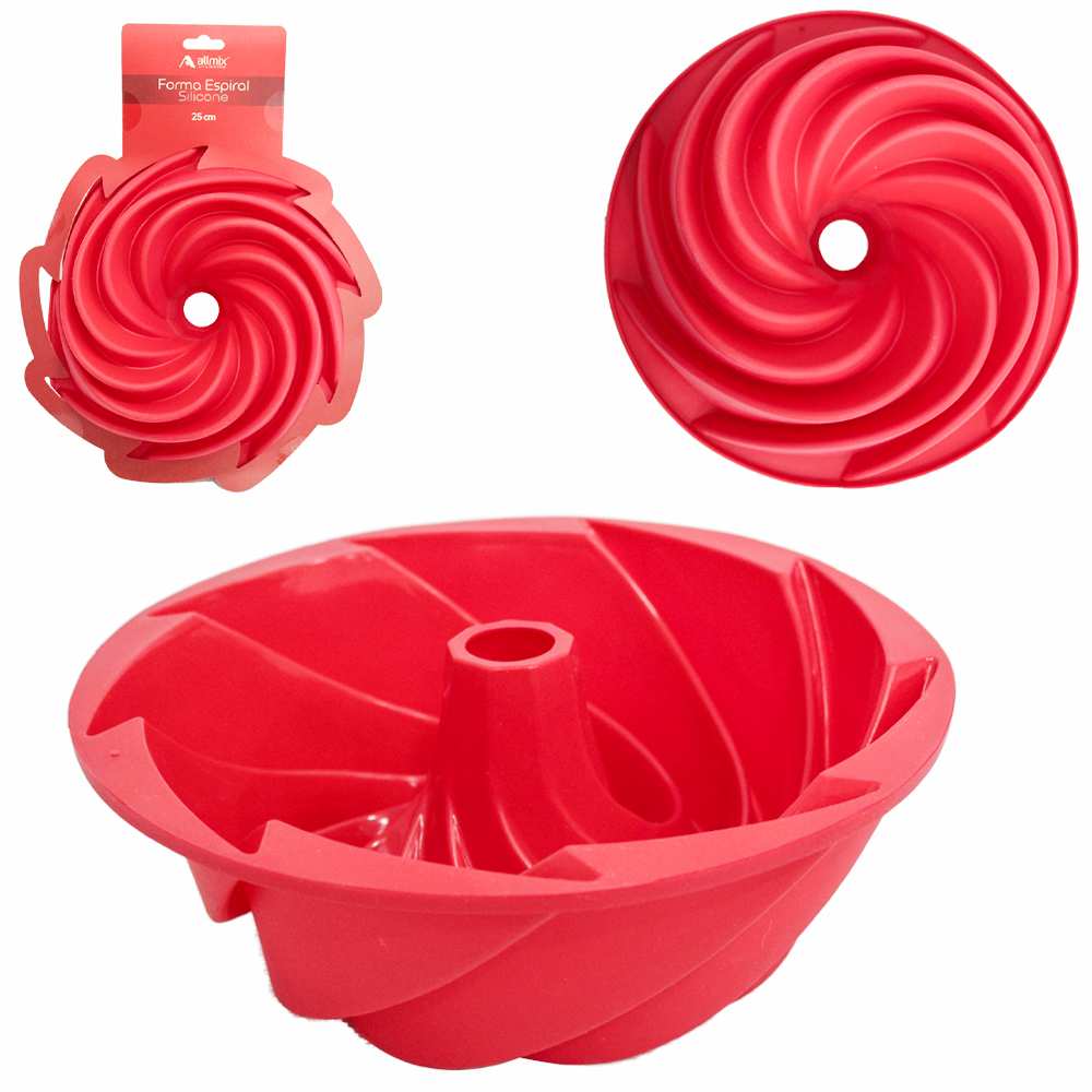 FORMA DE SILICONE REDONDA PARA BOLO / TORTA / PUDIM COM TUBO VERMELHO 8X25CM DE Ø