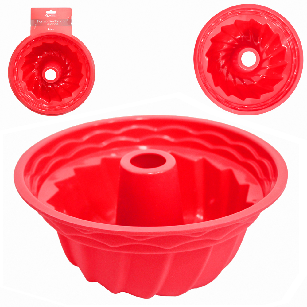 FORMA DE SILICONE REDONDA PARA BOLO / TORTA / PUDIM COM TUBO VERMELHO 10,5X24CM DE Ø