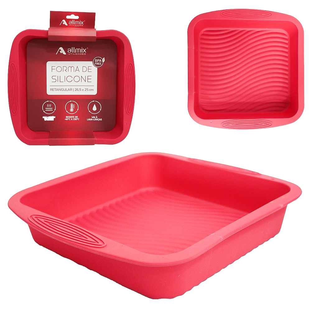 FORMA DE SILICONE RETANGULAR PARA BOLO / TORTA VERMELHO 26,5X25CM