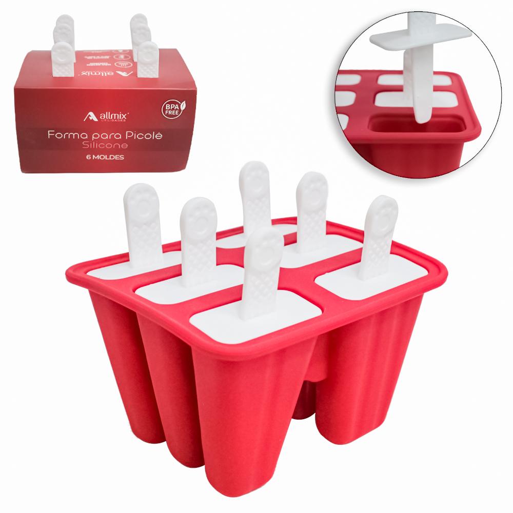 FORMA DE SILICONE PARA PICOLE / SORVETE COM 6 CAVIDADES + CABO PLASTICO 14X12,5X9CM