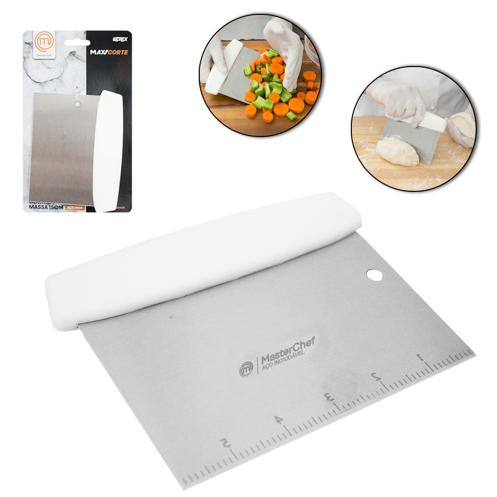 ESPATULA DE COZINHA CORTADOR / RASPADOR DE INOX COM REGUA MULTIUSO CABO PLASTICO MAX CORTE MASTER CHEF 15X13CM