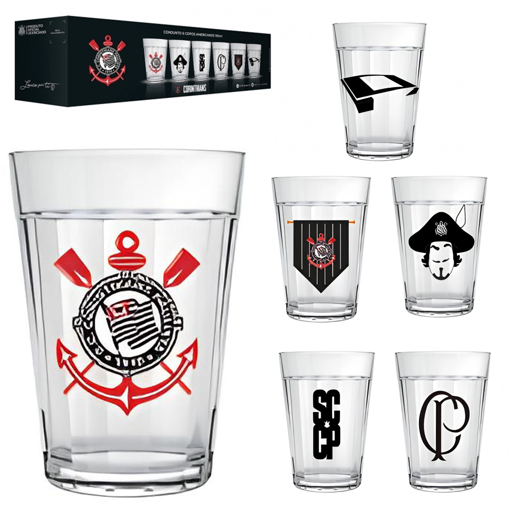 JOGO DE COPO AMERICANO DE VIDRO CORINTHIANS COM 6 PECAS 190ML