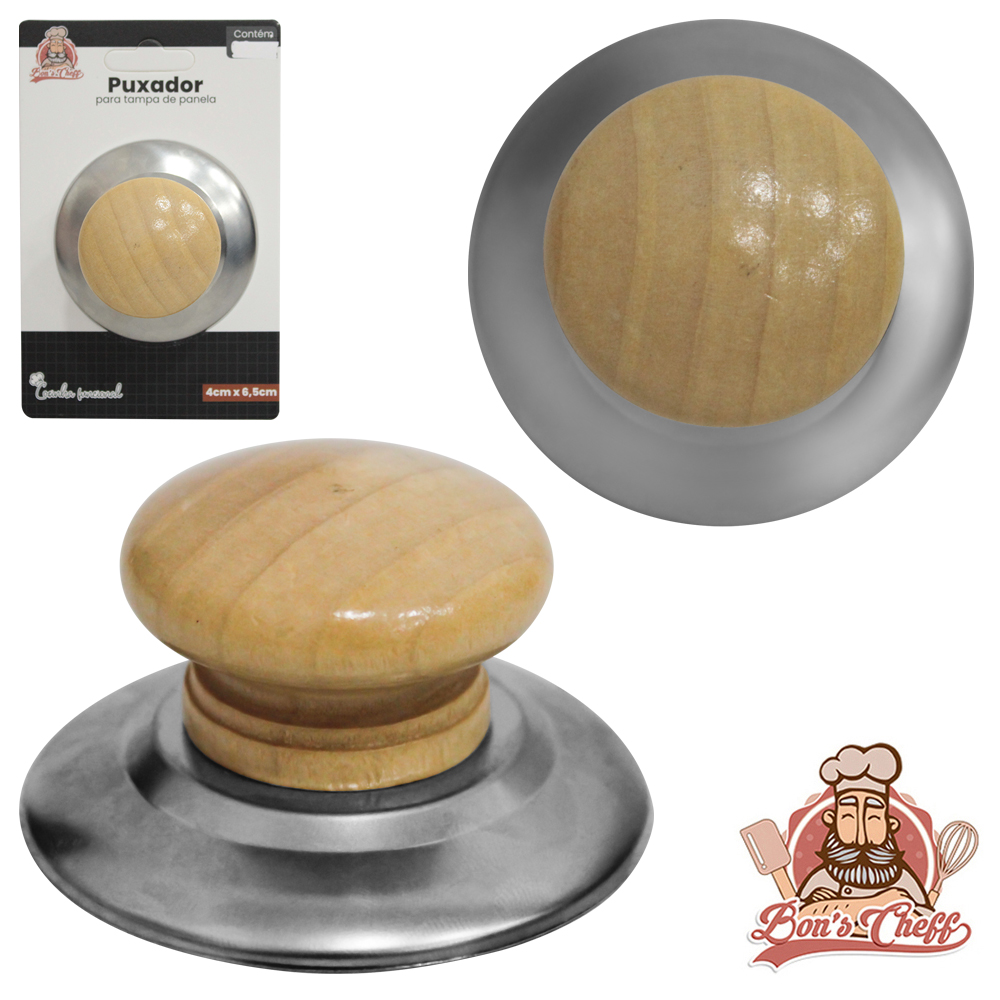 POMEL / PUXADOR PARA TAMPA DE PANELA INOX / MADEIRA 6,5CM DE Ø NA CARTELA BONS CHEFF