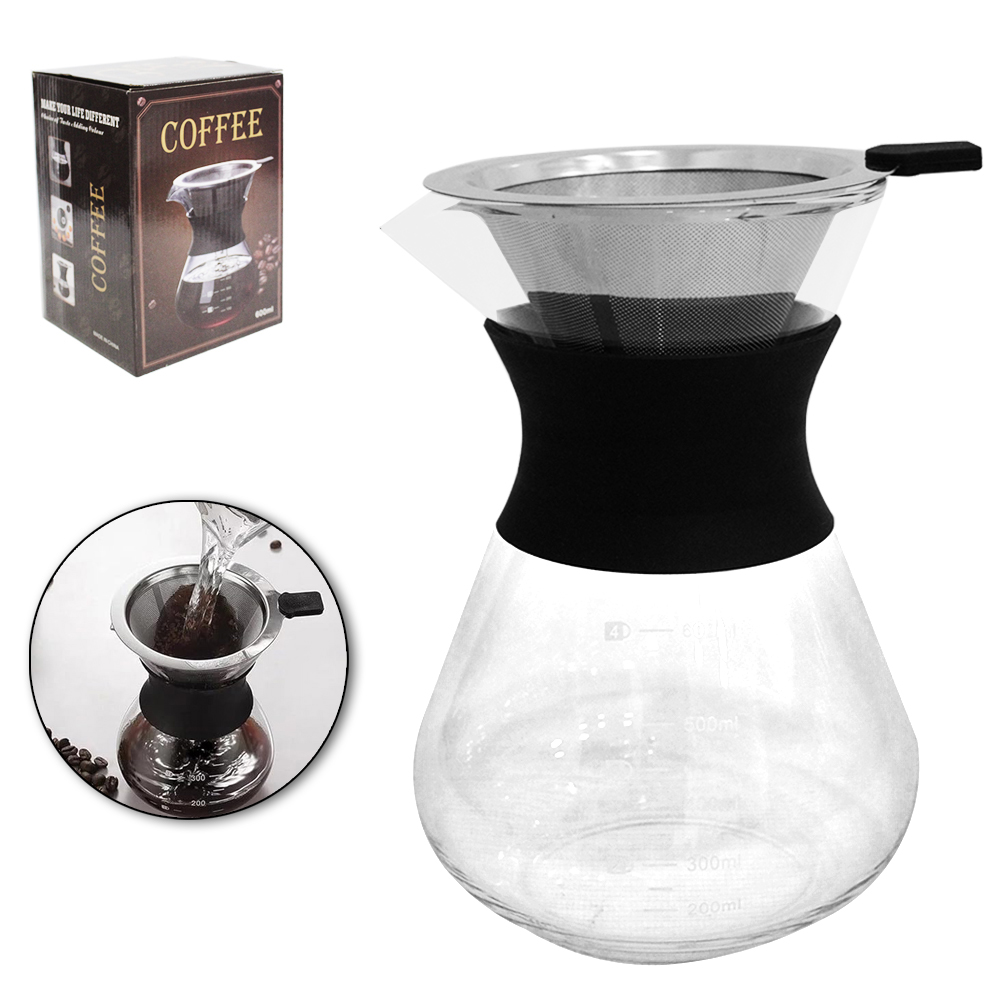 CAFETEIRA DE VIDRO GRADUADO COM FILTRO / COADOR DE INOX 600ML