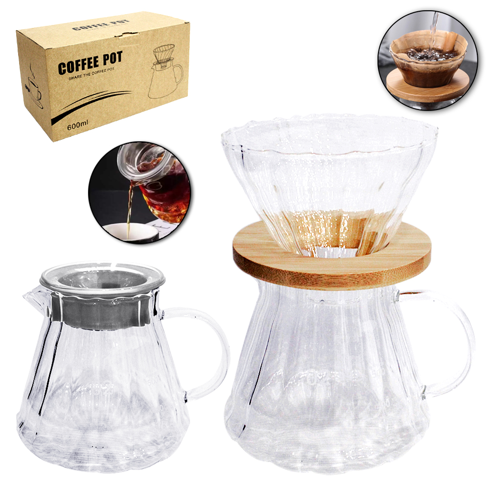 CAFETEIRA DE VIDRO COM ALCA + TAMPA E PORTA FILTRO / COADOR E GOLA DE BAMBU 600ML