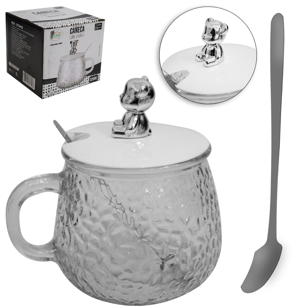CANECA DE VIDRO COM TAMPA DE PLASTICO URSO + COLHER DE INOX 320ML