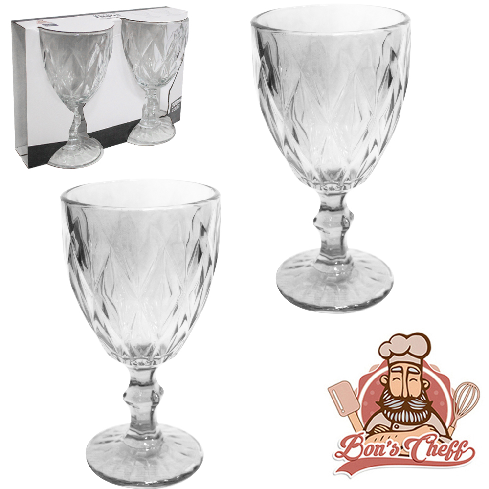 JOGO DE TACA DE VIDRO PARA AGUA / VINHO DIAMANTE COM 2 PECAS 300ML BONS CHEFF