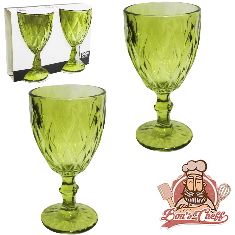 JOGO DE TACA DE VIDRO PARA AGUA / VINHO DIAMANTE VERDE COM 2 PECAS 300ML BONS CHEFF