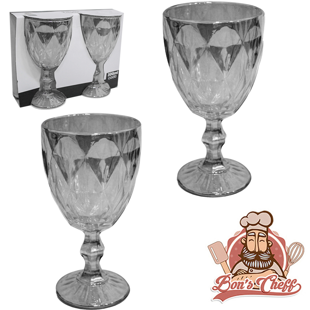 JOGO DE TACA DE VIDRO PARA AGUA / VINHO DIAMANTE FUME COM 2 PECAS 300ML BONS CHEFF