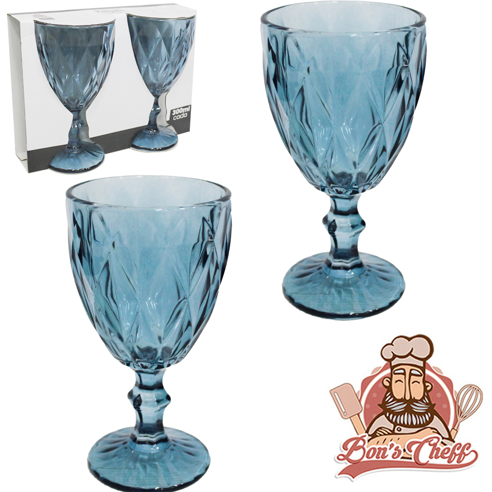 JOGO DE TACA DE VIDRO PARA AGUA / VINHO DIAMANTE AZUL COM 2 PECAS 300ML BONS CHEFF