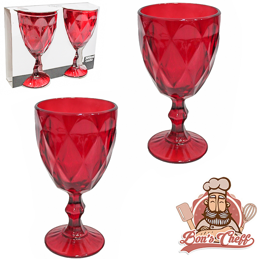 JOGO DE TACA DE VIDRO PARA AGUA / VINHO DIAMANTE VERMELHA COM 2 PECAS 300ML BONS CHEFF
