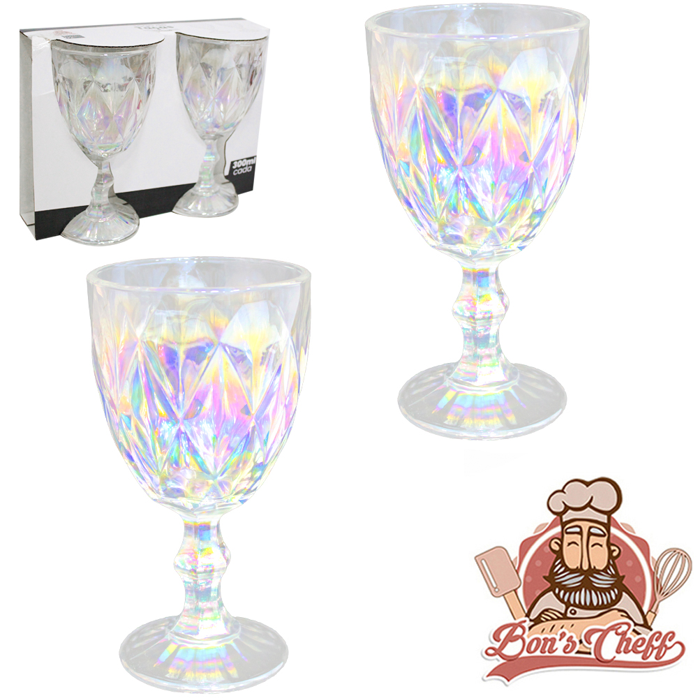 JOGO DE TACA DE VIDRO PARA AGUA / VINHO DIAMANTE CINTILANTE COM 2 PECAS 300ML BONS CHEFF