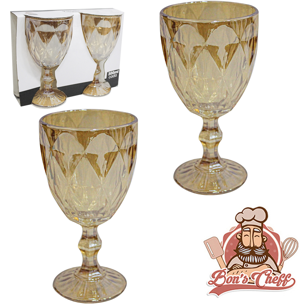 JOGO DE TACA DE VIDRO PARA AGUA / VINHO DIAMANTE AMBAR COM 2 PECAS 300ML BONS CHEFF
